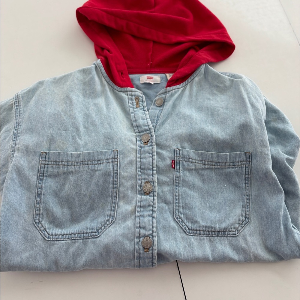 Vintage Levi's Light Blue Denim Jacket/shirt with Red Hood
